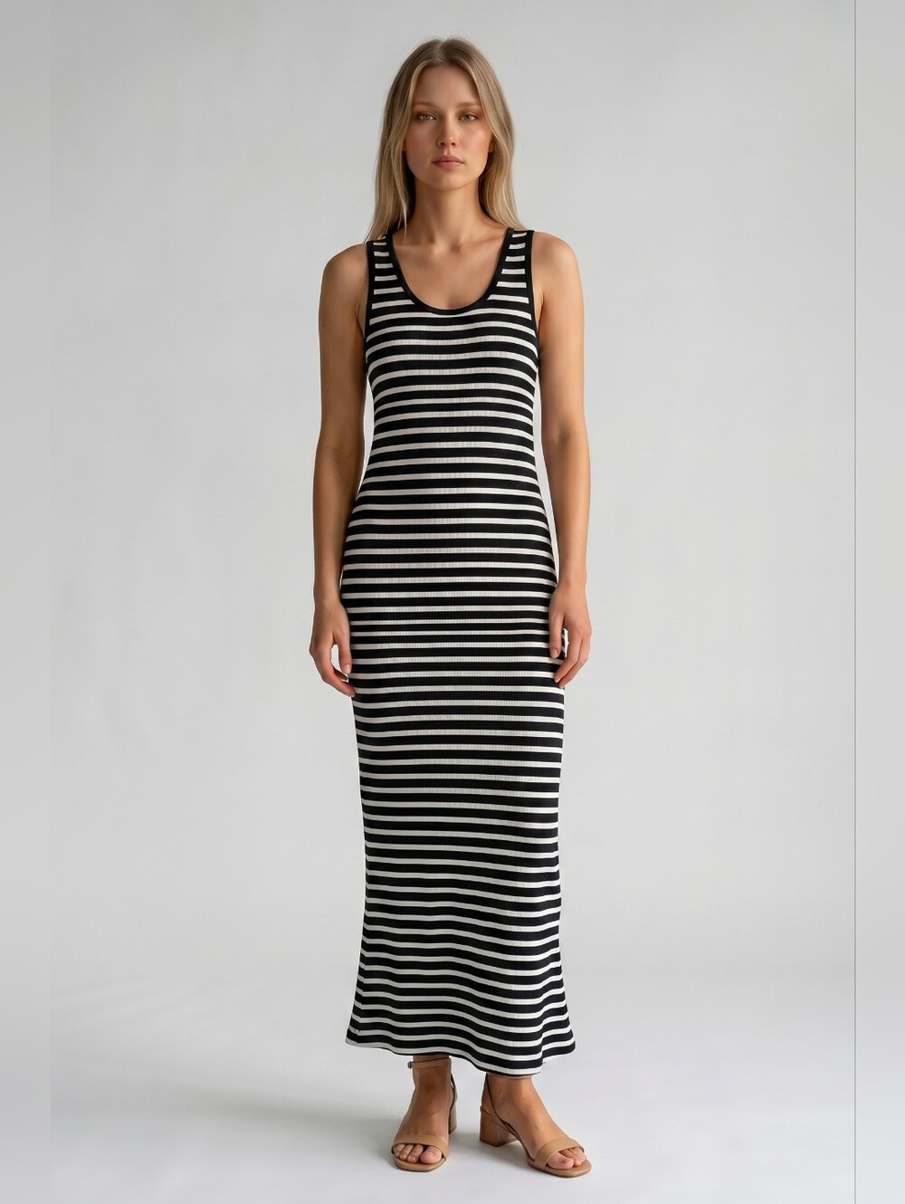 Theory Black White Striped Ribbed Racerback Maxi Dress Size M